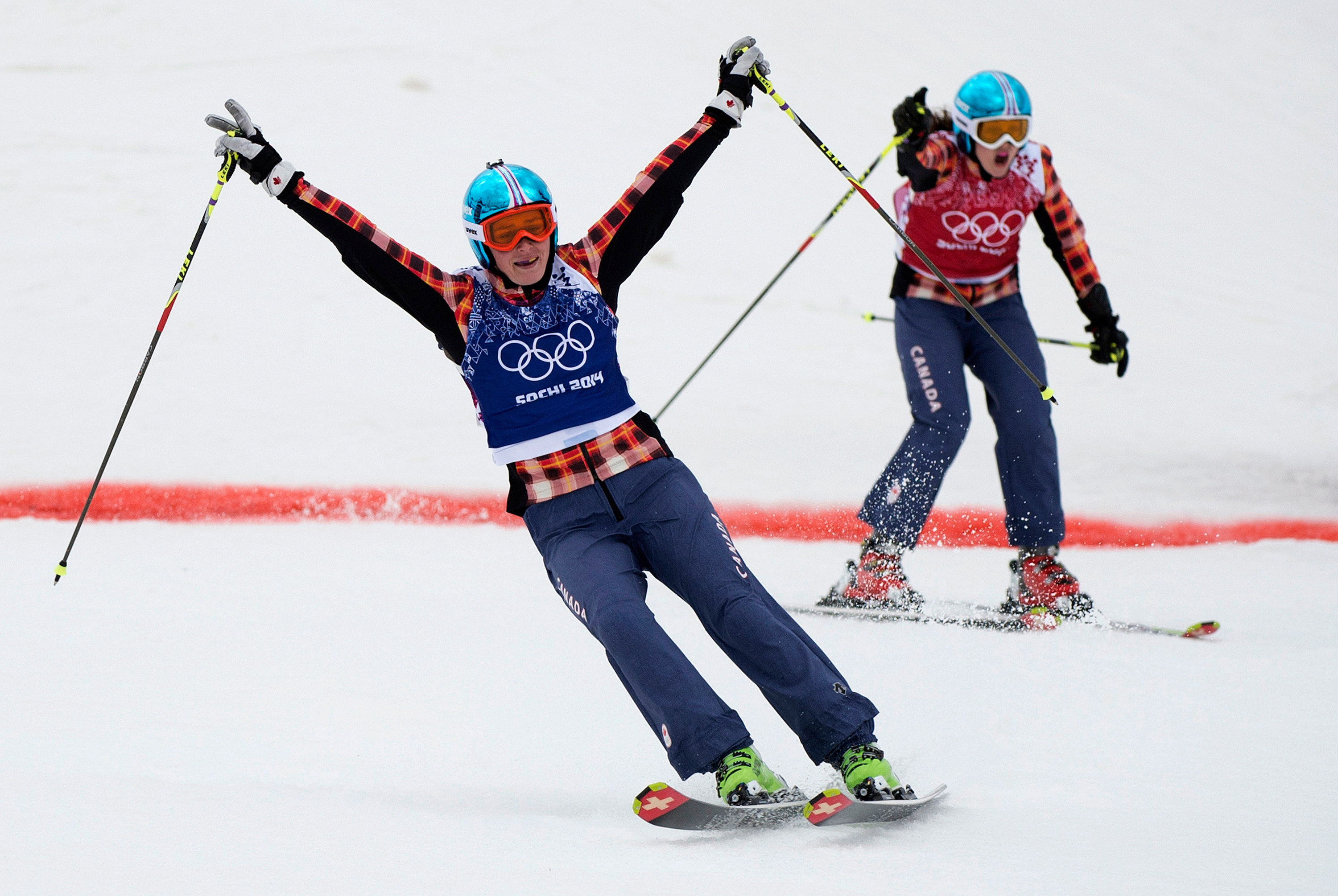 Marielle Thompson and Kelsey Serwa celebrating