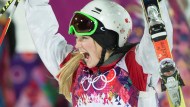 Justine Dufour-Lapointe celebrates after having won women's moguls gold at Sochi.