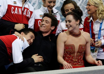 Sochi Olympics Figure Skating Patrick Chan and Team Canada wait with Tessa and Scott to see their results
