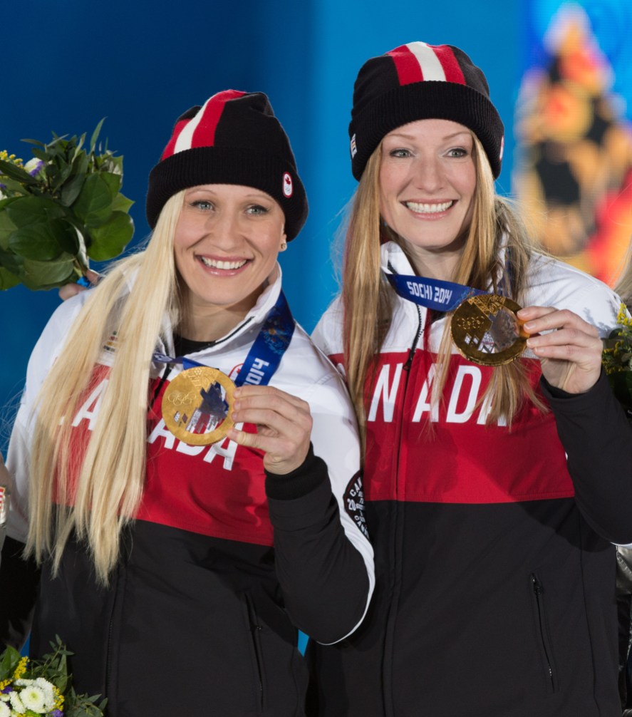 Bobsleigh Medal Ceremony Kaillie Humphries and Heather Moyse posing with their medals