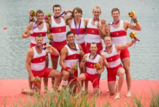 Back row from left to right: Douglas Csima; Conlin McCabe; Malcome Howard; Andrew Byrnes and Jeremiah Brown. Front row: Gabriel Bergen; Rob Gibson; Brian Price and Will Crothers. Canada's men's eight rowing team members hold their silver medals following their win at the 2012 London Olympics, on August 1, 2012. Back row from left to right: Douglas Csima; Conlin McCabe; Malcome Howard; Andrew Byrnes and Jeremiah Brown. Front row: Gabriel Bergen; Rob Gibson; Brian Price and Will Crothers. THE CANADIAN PRESS/HO, COC - Jason Ransom