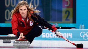 Jennifer Jones throws a curling stone