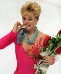 Canada's Elizabeth Manley celebrates her silver medal win in the figure skating event at the 1988 Olympic Winter Games in Calgary. (CP PHOTO/COC/ C. McNeil)