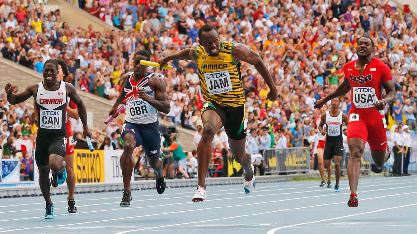 Justyn Warner (left of screen) runs the anchor leg that ultimately delivered Canada a bronze medal in the 2013 World Championships behind Usain Bolt-led Jamaica and the United States. 