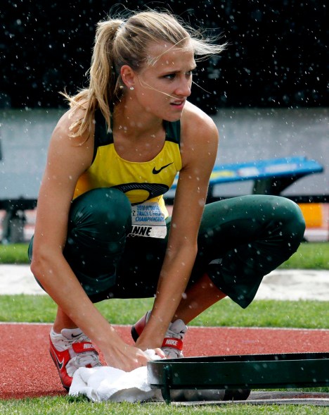 Brianne Theisen Theisen-Eaton competes at an NCAA event in 2010