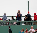 Fans sitting on the Green Monster watch a home run leave the park. Photo: CP