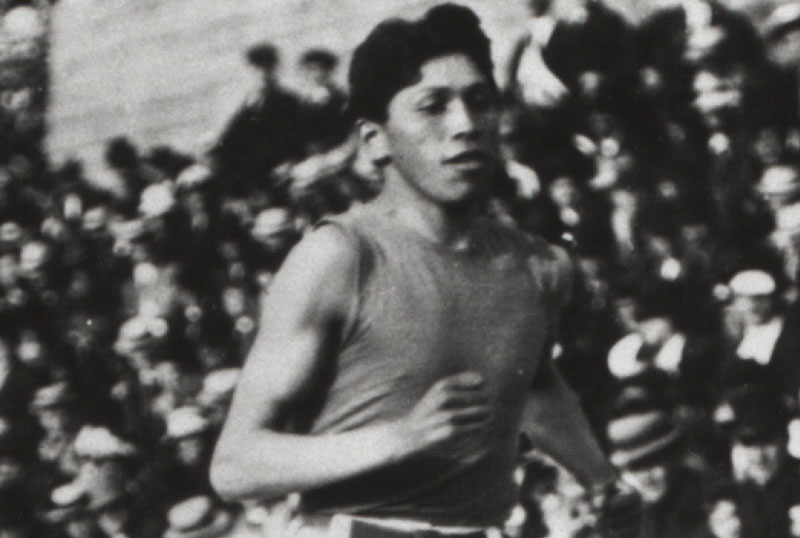 Tom Longboat running- black and white photo 