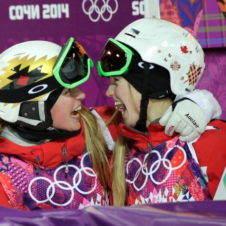 Justine Dufour-Lapointe, Chloe Dufour-Lapointe, Justine and Chloe Dufour-Lapointe scream in joy at each other