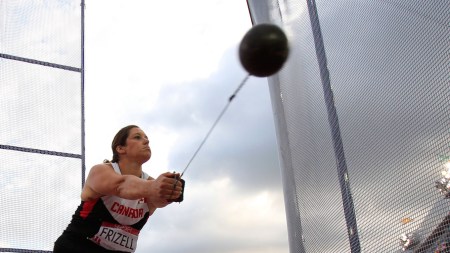 Frizell - Glasgow 2014 Sultana Frizell with one of her record setting throws at Glasgow 2014 Commonwealth Games.