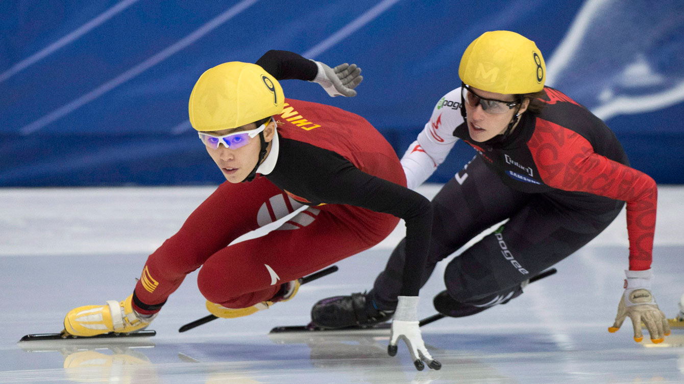 St-Gelais chasing Fan of China in Montreal at the second World Cup of the season. The two finished in this position again in Shanghai. 