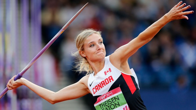 Theisen Eaton - Glasgow 2014 Brianne Theisen-Eaton in the javelin throw of the heptathlon before winning gold.