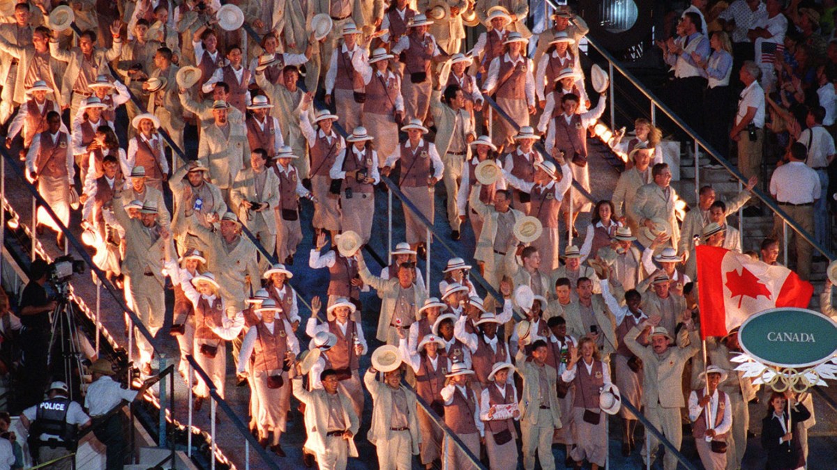 Overhead shot of Canadian athletes walking in opening ceremony