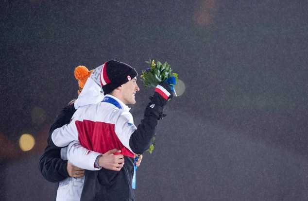 Denny Morrison and competitors at the victory ceremony in Sochi.