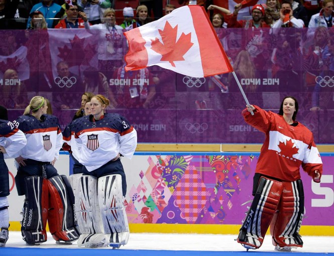 Shannon Szabados celebrates after winning the gold medal.