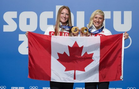 Heather Moyse (L) and Kaillie Humphries (R) were selected as Canada's closing ceremony flag bearers in Sochi.