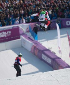 Dominique Maltais during snowboard cross competition in Sochi.