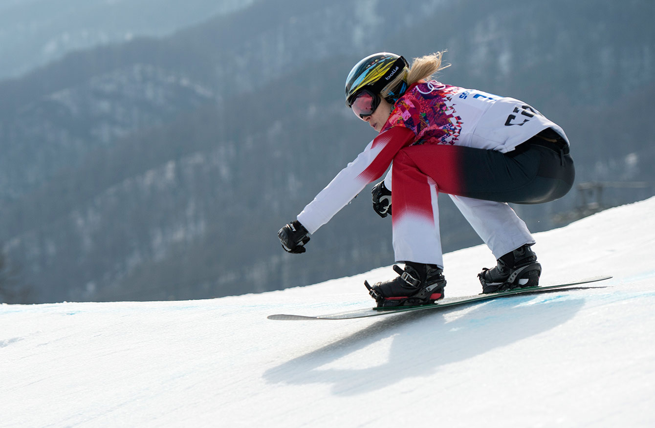 Dominique Maltais during snowboard cross competition at Sochi 2014.