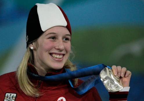 Canada's silver medalist Marianne St-Gelais reacts during the women's 500m short track medal ceremony at the Vancouver 2010 Olympic Winter Games in Vancouver, British Columbia, Thursday, Feb. 18, 2010. (AP Photo/Jae C. Hong)