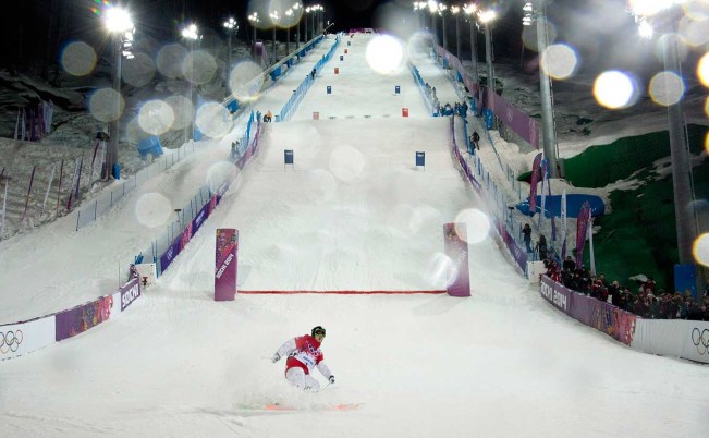 Alex Bilodeau completes a run in Sochi.