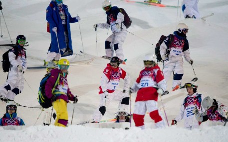 Alex Bilodeau inspects the moguls course in Sochi.