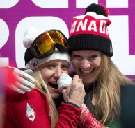 Kaillie Humphries and Heather Moyse react as it becomes clear they successfully defended their Olympic title at Sochi 2014.