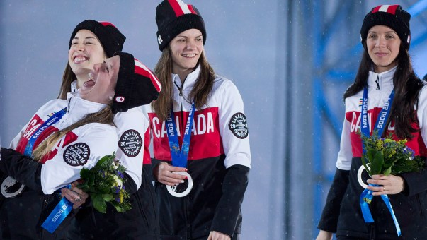 (L-R) Marianne St-Gelais, Valérie Maltais, Jessica Hewitt, Marie-Ève Drolet at the official medal ceremony.