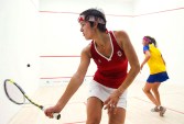 Samantha Cornett, left, battles against Colombia's Catalina Pelaez, right, for the gold medal in women's team squash during the 2011 Pan American Games