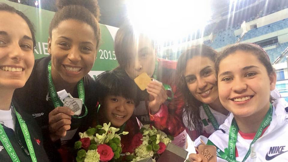 (First two from the left) Pamela Ware and Jennifer Abel at the medal ceremony on Day 1 in Dubai. Photo via FINA Diving World Series - Dubai on Facebook.