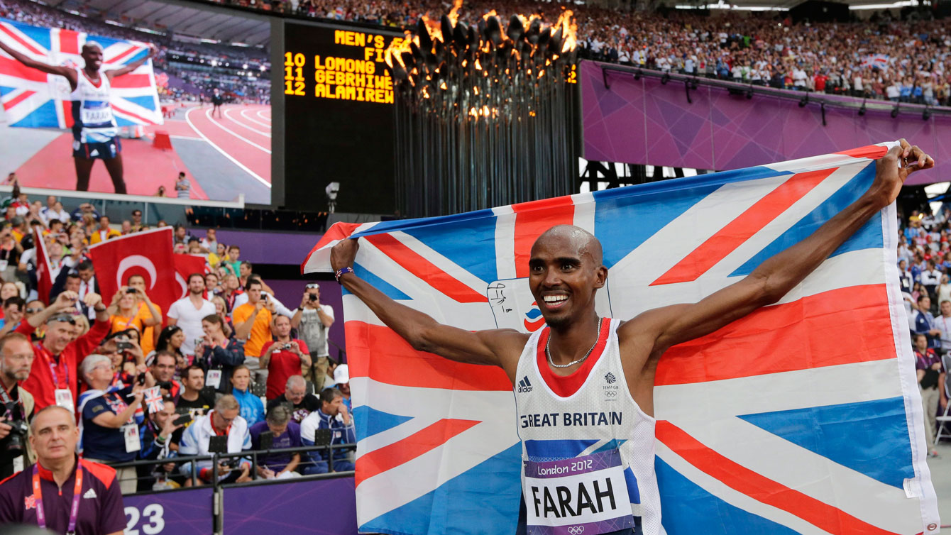 Mo Farah after winning gold in the 5000m at London 2012. 