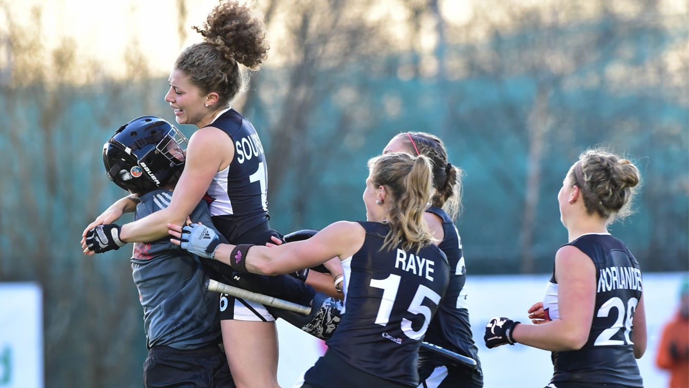 Canadian women celebrate shootout win over Chile in Ireland, March 21, 2015. Photo via FIH - International Hockey Federation.