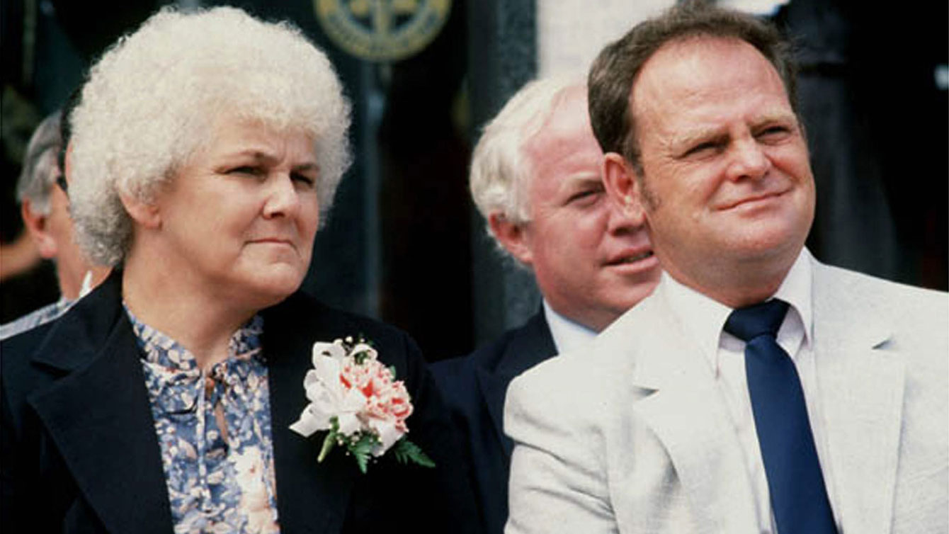 Betty and Rolland Fox at their son Terry's posthumous Canadian Sports Hall of Fame induction in 1981. Betty Fox became the family spokesperson and a leading figure in the Terry Fox Foundation as it became independent to pursue her son's wishes.