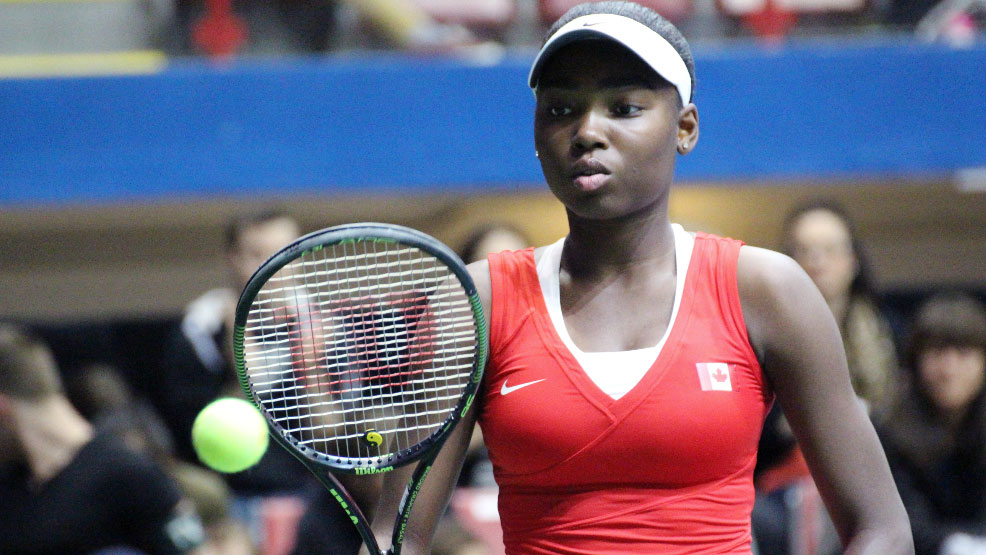 Francoise Abanda at the Fed Cup World Group play-off against Romania in Montreal, April 18-19, 2015.