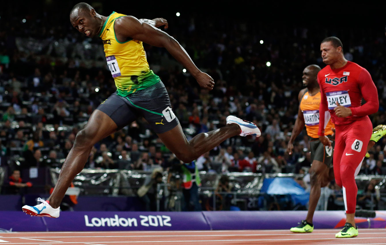 Usain Bolt crosses the finish line at London 2012 in the 100m.