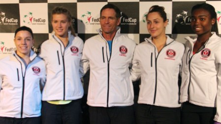 Canada - Fed Cup The Canadian team (L-R) Sharon Fischman, Eugenie Bouchard, (team captain) Sylvain Bruneau, Gabriela Dabrowski and Francoise Abanda at the Fed Cup draw versus Romania on April 17, 2015.
