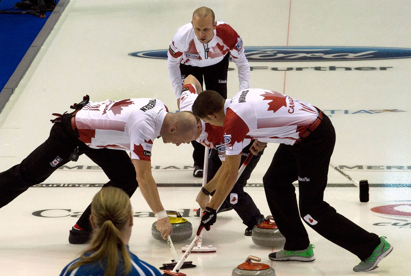 Team Canada in round robin action against Sweden at the 2015 World Men's Championship in Halifax. 
