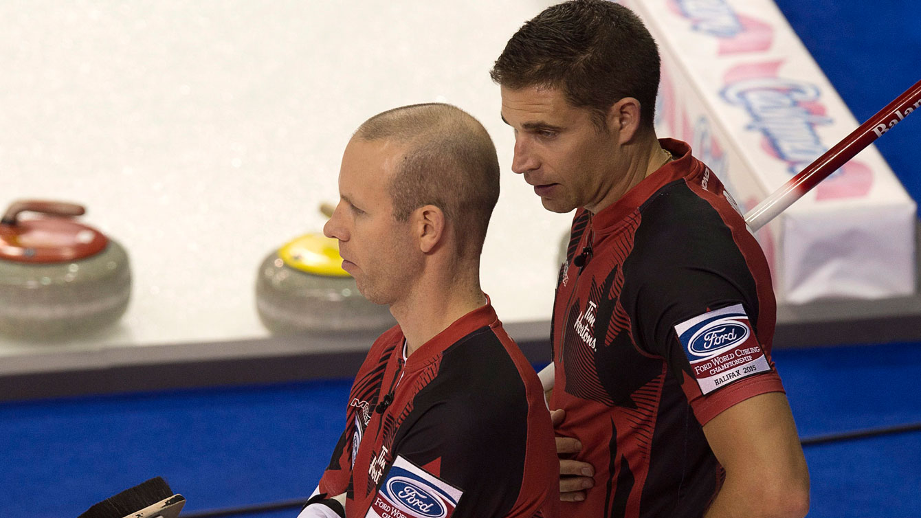 Pat Simmons (left) and John Morris at the 2015 curling men's World Championship in Halifax.
