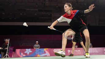 Rachel Honderich and Kristen Tsai take the gold medal in women's doubles badminton at the Lima 2019 Pan American Games on August 2, 2019.