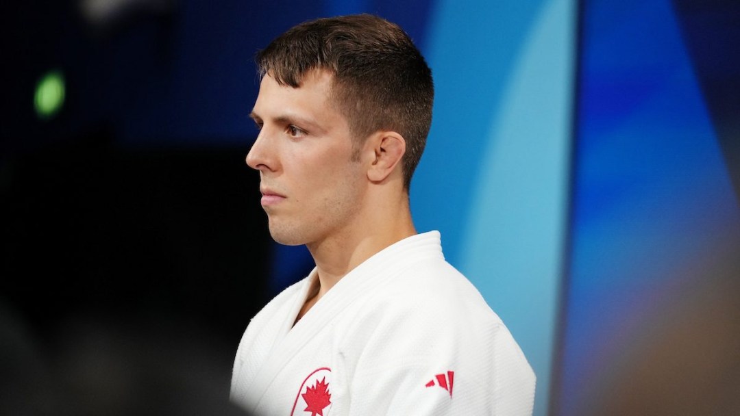 Team Canada’s Arthur Margelidon prepares to compete against Behruzi Khojazoda of Tajikistan in Judo 73 KG elimination round during the 2024 Paris Olympic Games in France