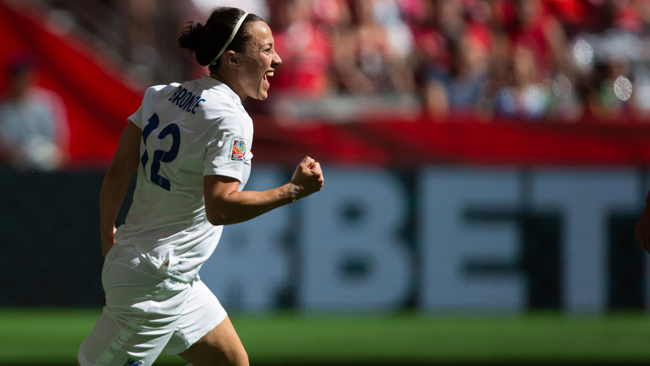 Lucy Bronze celebrates her goal against Canada to make it 2-0 England in the quarterfinals of FIFA Women's World Cup on June 27, 2015. 