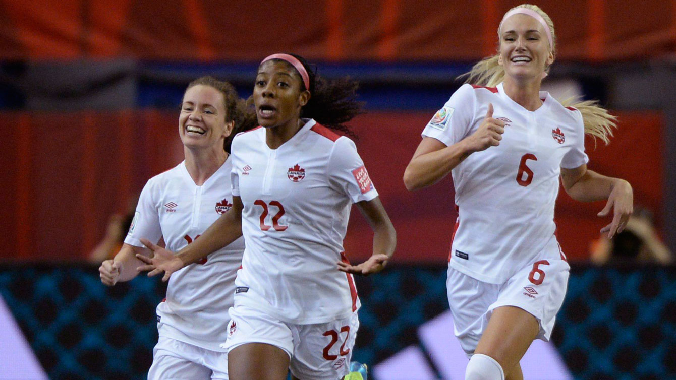 Ashley Lawrence (22) off to celebrate her goal against Netherlands in the FIFA Women's World Cup on June 15, 2015.