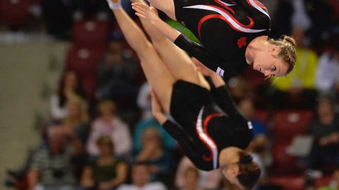 Samantha Sendel and Rosie MacLennan in synchro trampoline (Photo: Gymnastics Canada). 