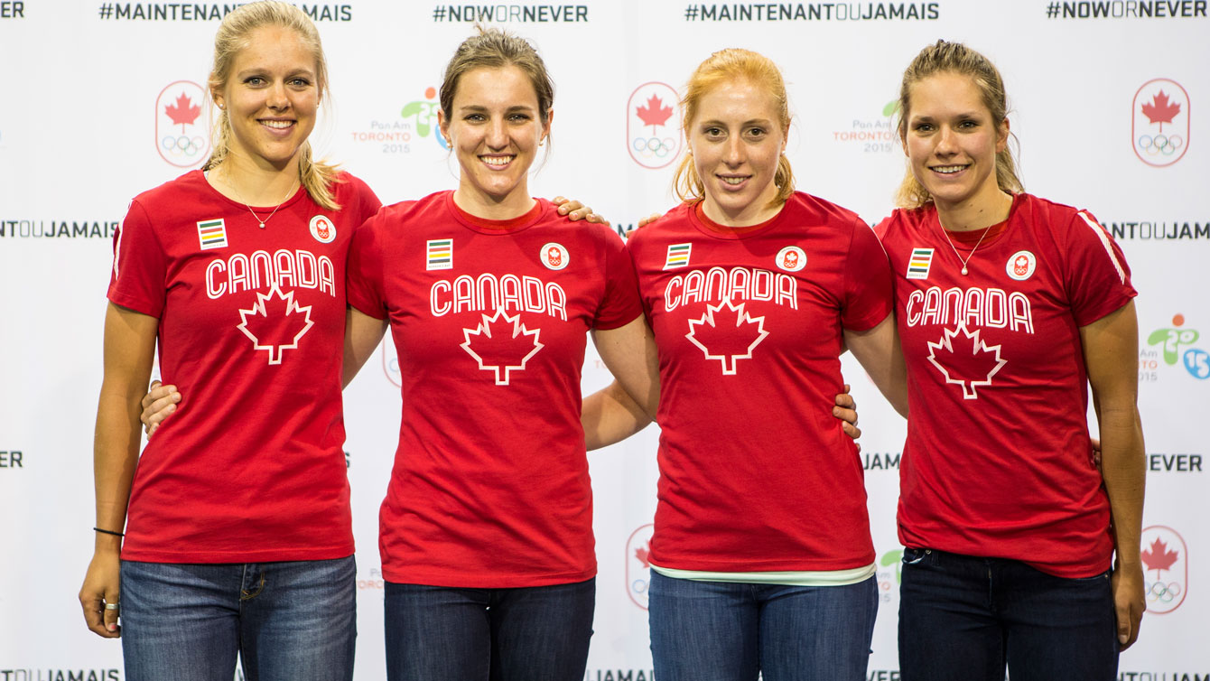 The women's cycling team pursuit squad for Toronto 2015 Pan Am Games (L-R) Kirsti Lay, Laura Brown (returning), Allison Beveridge and Jasmin Glaesser (returning). 
