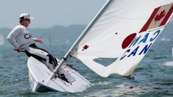 Lee Parkhill of Canada gets ready to compete at the start line in the men's laser race during the Pan American Games in Toronto on Saturday, July 18, 2015. Parkhill won bronze. Photo by THE CANADIAN PRESS/Nathan Denette