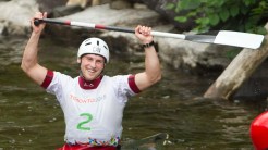 Canada's Cameron Smedley reacts after timers confirmed he won silver in Men's Solo Canoe Slalom at the Minden white water course during the Toronto 2015 Pan Am Games.