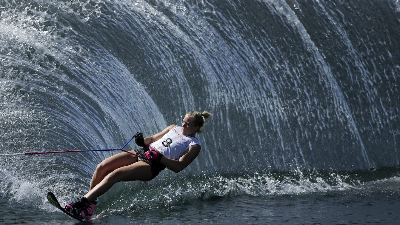 Canada's Whitney McClintock skis during the slalom portion of the women's overall water ski competition in the Pan Am Games in Toronto Wednesday, July 22, 2015.