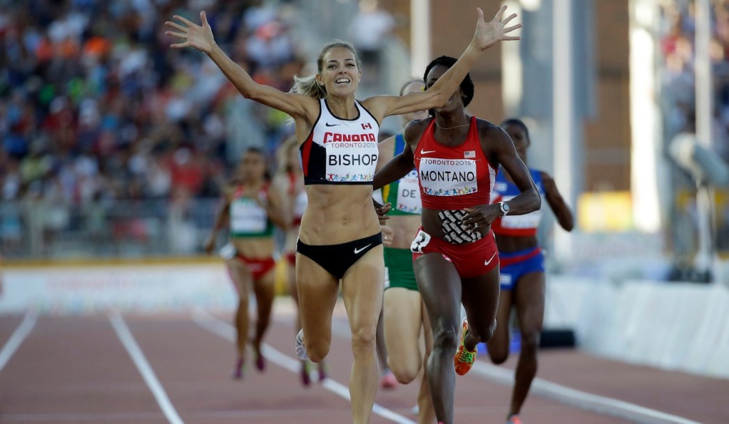 Melissa Bishop celebrates as she won the gold medal in the women's 800 meter race at the Pan Am Games