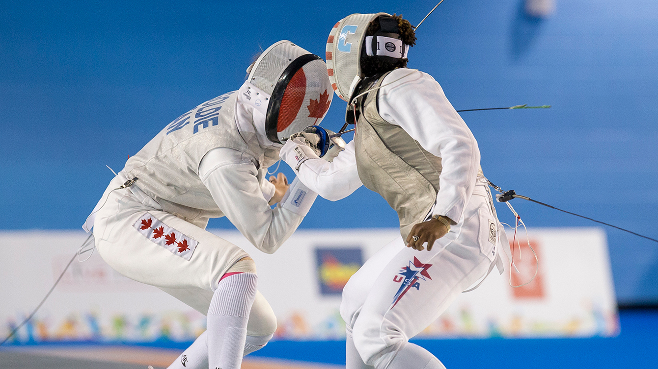 Eleanor Harvey competes in team foil fencing at the Pan Am Games on July 25, 2015. 