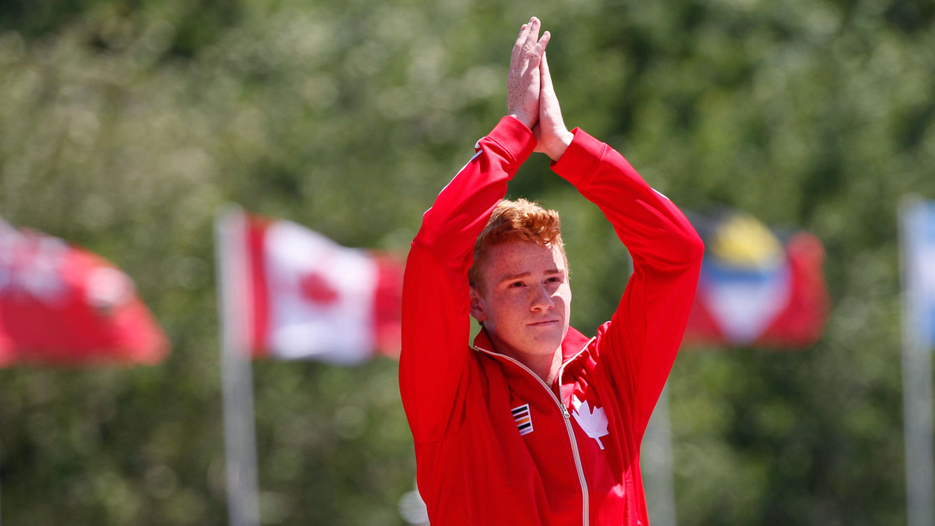 Shawn Barber at the Toronto 2015 Pan Am Games podium after winning pole vault gold on July 21, 2015. 