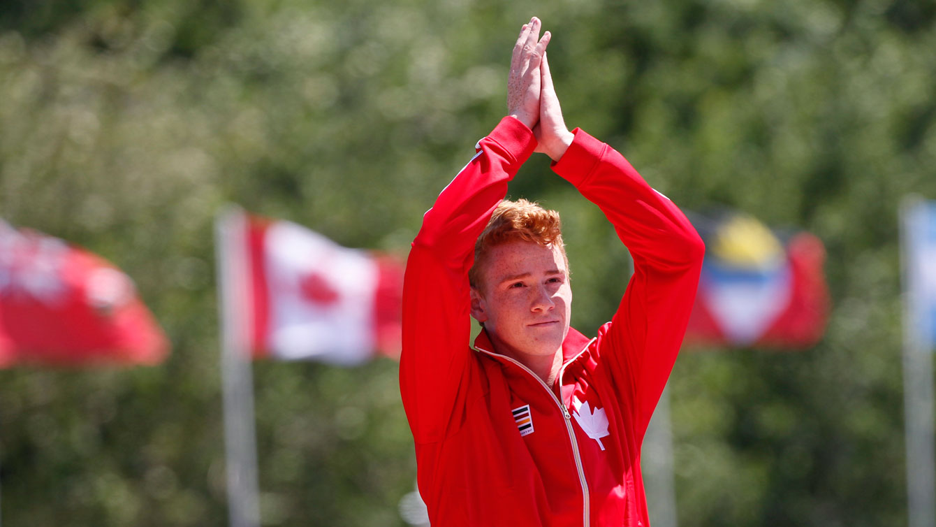 Shawn Barber at the Toronto 2015 Pan Am Games podium after winning pole vault gold on July 21, 2015.