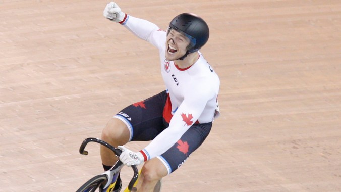 Hugo Barrette Hugo Barrette celebrates winning gold at the Pan Am Games in men's sprint on July 18, 2015.
